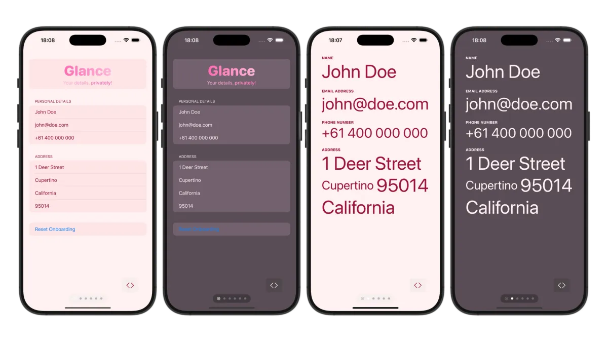 Glance app screens showing seamless personal information sharing interface