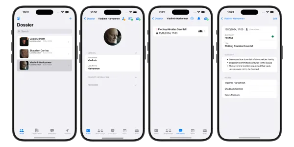 Dossier app screenshots showing network management features